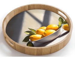 Dienblad rond 40x40 cm - Schootdienblad hout - Citroenen - Stilleven - Geel - Borrelplank rechthoek - Plateau houten dienbladen