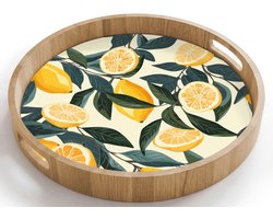Dienblad rond 40x40 cm - Schootdienblad hout - Citroenen - Vruchten - Bladeren - Geel - Groen - Beige - Borrelplank rechthoek - Plateau houten dienbladen