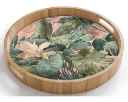 Dienblad rond 40x40 cm - Schootdienblad hout - Compositie van bladeren - Groen - Roze - Borrelplank rechthoek - Plateau houten dienbladen