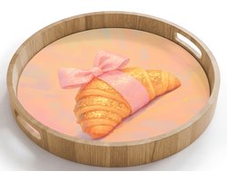Dienblad rond 40x40 cm - Schootdienblad hout - Croissant - Strik - Roze - Borrelplank rechthoek - Plateau houten dienbladen