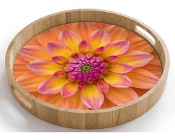 Dienblad rond 40x40 cm - Schootdienblad hout - Dahlia - Bloem - Oranje - Borrelplank rechthoek - Plateau houten dienbladen