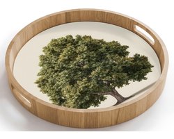 Dienblad rond 40x40 cm - Schootdienblad hout - Eikenboom - Groen - Lichte achtergrond - Borrelplank rechthoek - Plateau houten dienbladen