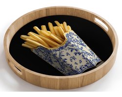 Dienblad rond 40x40 cm - Schootdienblad hout - Friet - Porselein - Delfts blauw - Eten - Borrelplank rechthoek - Plateau houten dienbladen