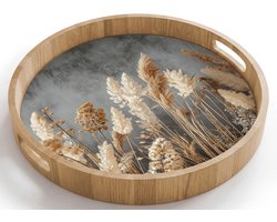 Dienblad rond 40x40 cm - Schootdienblad hout - Gedroogde Veldbloemen - Grijs - Beton - Borrelplank rechthoek - Plateau houten dienbladen