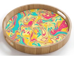 Dienblad rond 40x40 cm - Schootdienblad hout - Geel - Roze - Blauw - Retro - Borrelplank rechthoek - Plateau houten dienbladen