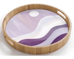Dienblad rond 40x40 cm - Schootdienblad hout - Golven - Heuvels - Abstract - Paars - Borrelplank rechthoek - Plateau houten dienbladen