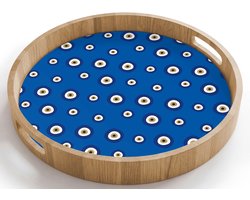 Dienblad rond 40x40 cm - Schootdienblad hout - Griekse Boze Oog - Patroon - Blauw - Borrelplank rechthoek - Plateau houten dienbladen