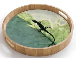 Dienblad rond 40x40 cm - Schootdienblad hout - Hagedis - Blad - Nerven - Groen - Borrelplank rechthoek - Plateau houten dienbladen