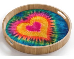 Dienblad rond 40x40 cm - Schootdienblad hout - Hart - Tie Dye - Kleurrijk - Borrelplank rechthoek - Plateau houten dienbladen