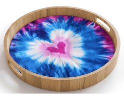 Dienblad rond 40x40 cm - Schootdienblad hout - Hartvormig - Tie dye - Paars - Borrelplank rechthoek - Plateau houten dienbladen
