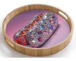 Dienblad rond 40x40 cm - Schootdienblad hout - Hotdog - Steentjes - Glitters - Paars - Borrelplank rechthoek - Plateau houten dienbladen