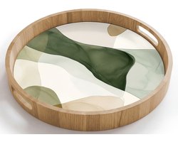 Dienblad rond 40x40 cm - Schootdienblad hout - Japandi - Abstract - Groen - Borrelplank rechthoek - Plateau houten dienbladen