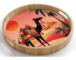 Dienblad rond 40x40 cm - Schootdienblad hout - Kameel - Gekleurd tapijt - Duinen - Rode zon - Borrelplank rechthoek - Plateau houten dienbladen