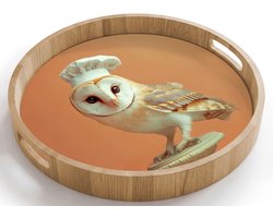 Dienblad rond 40x40 cm - Schootdienblad hout - Kerkuil - Koksmuts - Oranje - Vogel - Borrelplank rechthoek - Plateau houten dienbladen