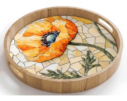 Dienblad rond 40x40 cm - Schootdienblad hout - Klaprozen - Oranje - Mozaïek - Bladeren - Borrelplank rechthoek - Plateau houten dienbladen