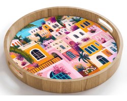 Dienblad rond 40x40 cm - Schootdienblad hout - Kleurrijk - Roze - Oranje - Geel - Bloemen - Borrelplank rechthoek - Plateau houten dienbladen