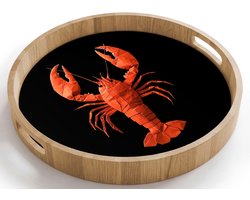 Dienblad rond 40x40 cm - Schootdienblad hout - Kreeft - Papier - Origami papier - Rood - Borrelplank rechthoek - Plateau houten dienbladen