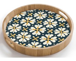 Dienblad rond 40x40 cm - Schootdienblad hout - Motief - Tegel - Okergeel - Borrelplank rechthoek - Plateau houten dienbladen