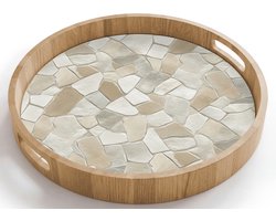 Dienblad rond 40x40 cm - Schootdienblad hout - Mozaïek - Stenen - Beige - Borrelplank rechthoek - Plateau houten dienbladen