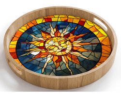 Dienblad rond 40x40 cm - Schootdienblad hout - Mozaïek - Zon - Geel - Cirkel - Borrelplank rechthoek - Plateau houten dienbladen