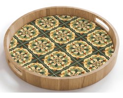 Dienblad rond 40x40 cm - Schootdienblad hout - Ornament - Patroon - Groen - Borrelplank rechthoek - Plateau houten dienbladen
