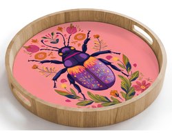 Dienblad rond 40x40 cm - Schootdienblad hout - Paars - Kever - Stipjes - Bloemen - Borrelplank rechthoek - Plateau houten dienbladen