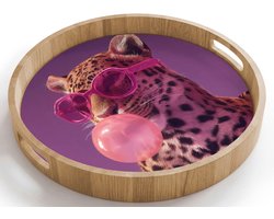 Dienblad rond 40x40 cm - Schootdienblad hout - Panter - Zonnebril - Kauwgombel - Roze - Borrelplank rechthoek - Plateau houten dienbladen