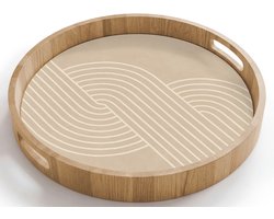 Dienblad rond 40x40 cm - Schootdienblad hout - Parallelle lijnen - Lichte textuur - Beige - Borrelplank rechthoek - Plateau houten dienbladen