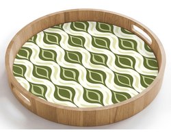 Dienblad rond 40x40 cm - Schootdienblad hout - Patroon - Retro - Groen - Borrelplank rechthoek - Plateau houten dienbladen
