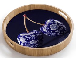 Dienblad rond 40x40 cm - Schootdienblad hout - Porselein- Kersen - Delfts - Blauw - Borrelplank rechthoek - Plateau houten dienbladen