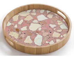 Dienblad rond 40x40 cm - Schootdienblad hout - Roze - Decoratie - Stenen - Terrazzo - Borrelplank rechthoek - Plateau houten dienbladen