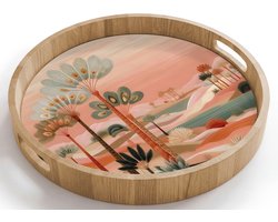 Dienblad rond 40x40 cm - Schootdienblad hout - Roze landschap - Palmen - Water - Borrelplank rechthoek - Plateau houten dienbladen