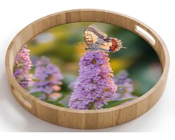 Dienblad rond 40x40 cm - Schootdienblad hout - Sierlijke - Vlinder - Paarse - Bloemen - Borrelplank rechthoek - Plateau houten dienbladen