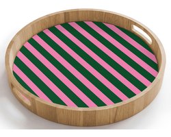 Dienblad rond 40x40 cm - Schootdienblad hout - Verticale strepen - Groen - Roze - Borrelplank rechthoek - Plateau houten dienbladen