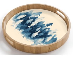 Dienblad rond 40x40 cm - Schootdienblad hout - Vissen - Minimalistisch - Blauw - Borrelplank rechthoek - Plateau houten dienbladen