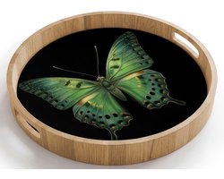 Dienblad rond 40x40 cm - Schootdienblad hout - Vlinder - Groen - Diepte - Borrelplank rechthoek - Plateau houten dienbladen