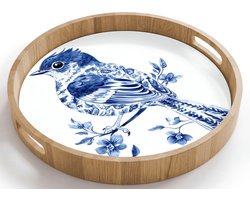Dienblad rond 40x40 cm - Schootdienblad hout - Vogel - Delfts blauw - Illustratie - Bloemen - Borrelplank rechthoek - Plateau houten dienbladen