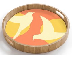Dienblad rond 40x40 cm - Schootdienblad hout - Vogels - Cirkels - Geel - Borrelplank rechthoek - Plateau houten dienbladen