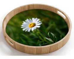 Dienblad rond 40x40 cm - Schootdienblad hout - Wit - Madeliefje - Bloem - Gras - Borrelplank rechthoek - Plateau houten dienbladen