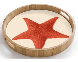 Dienblad rond 40x40 cm - Schootdienblad hout - Zeester - Bobbels - Rood - Borrelplank rechthoek - Plateau houten dienbladen