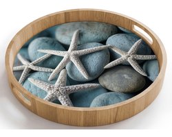 Dienblad rond 40x40 cm - Schootdienblad hout - Zeesterren - Stenen - Wit - Borrelplank rechthoek - Plateau houten dienbladen