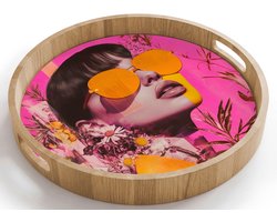 Dienblad rond 40x40 cm - Schootdienblad hout - Zonnebril - Oranje - Vrouw - Planten - Borrelplank rechthoek - Plateau houten dienbladen