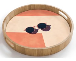 Dienblad rond 40x40 cm - Schootdienblad hout - Zonnebril - Schaduw - Oranje - Minimalistisch - Borrelplank rechthoek - Plateau houten dienbladen