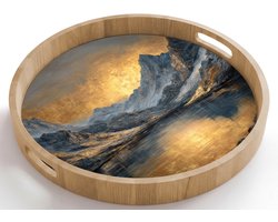 Dienblad rond 50x50 cm - Schootdienblad hout - Berglandschap met Gouden Zonsondergang - Borrelplank rechthoek - Plateau houten dienbladen