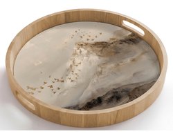Dienblad rond 50x50 cm - Schootdienblad hout - Berglandschap - Mist - Penseelstreken - Borrelplank rechthoek - Plateau houten dienbladen