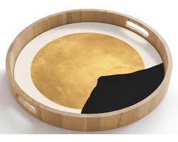 Dienblad rond 50x50 cm - Schootdienblad hout - Bergsilhouetten - Gouden cirkel - Beige - Borrelplank rechthoek - Plateau houten dienbladen