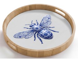 Dienblad rond 50x50 cm - Schootdienblad hout - Bij - Modern - Delfts - Blauw - Borrelplank rechthoek - Plateau houten dienbladen