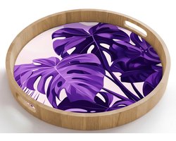 Dienblad rond 50x50 cm - Schootdienblad hout - Bladeren - Paars - Tropisch - Abstract - Borrelplank rechthoek - Plateau houten dienbladen