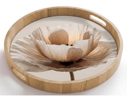 Dienblad rond 50x50 cm - Schootdienblad hout - Bloem - Beige - Crème - Borrelplank rechthoek - Plateau houten dienbladen