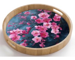 Dienblad rond 50x50 cm - Schootdienblad hout - Bloem - Bloesems - Roze - Abstract - Borrelplank rechthoek - Plateau houten dienbladen